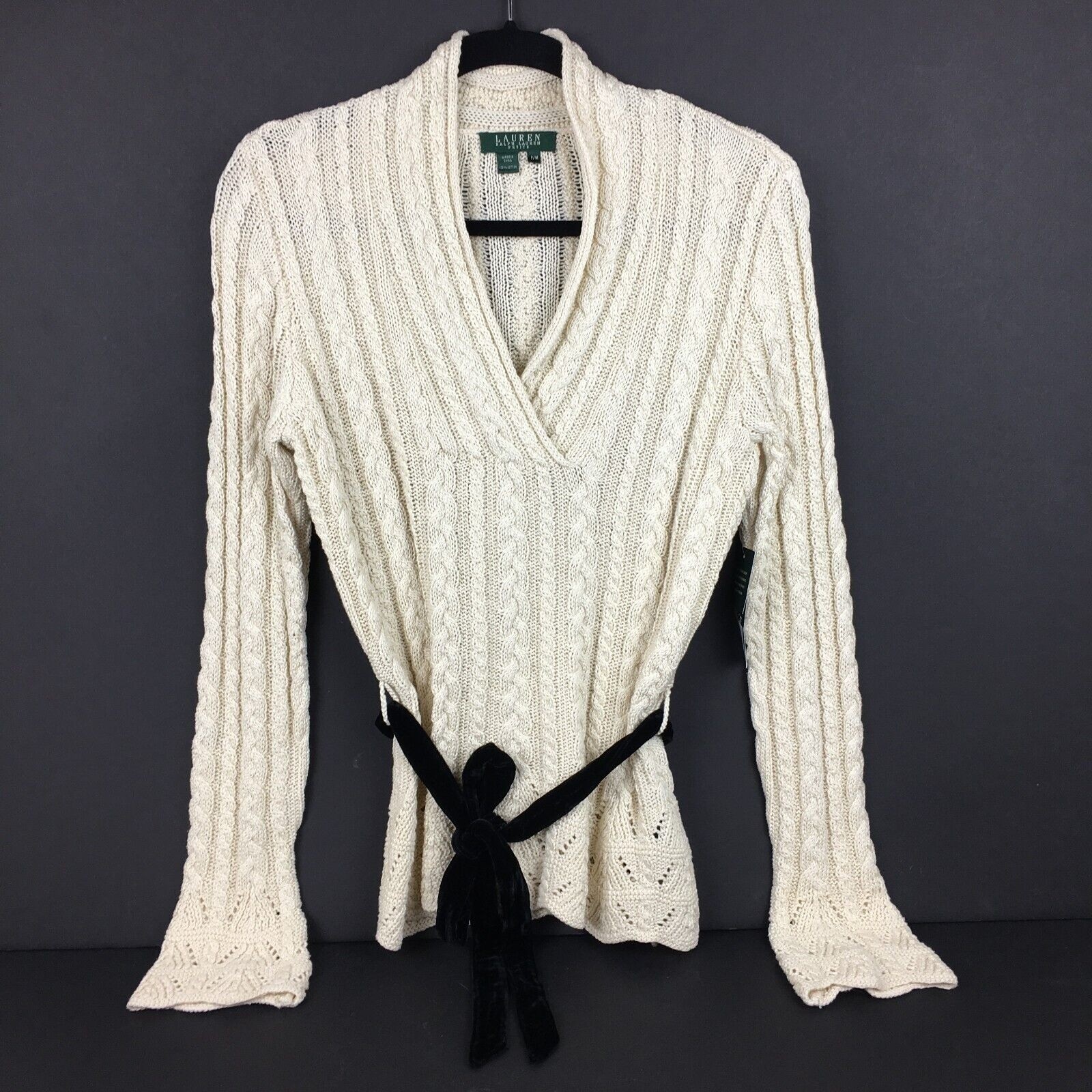 Lauren Ralph Lauren Women Scalloped Cream Cable Knit Sweater V-Neck Velvet Belt